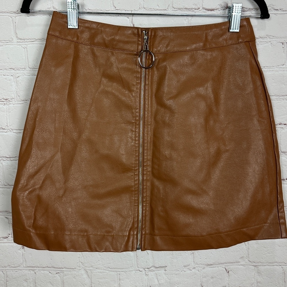 Shein Brown‎ Faux Leather front zip mini skirt, sz S, GUC